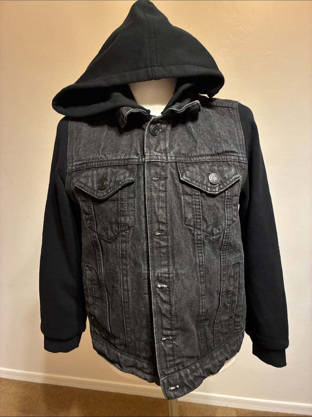 RSQ Youth Large Hooded Denim Jacket Black Mixed Media Kid 10 12